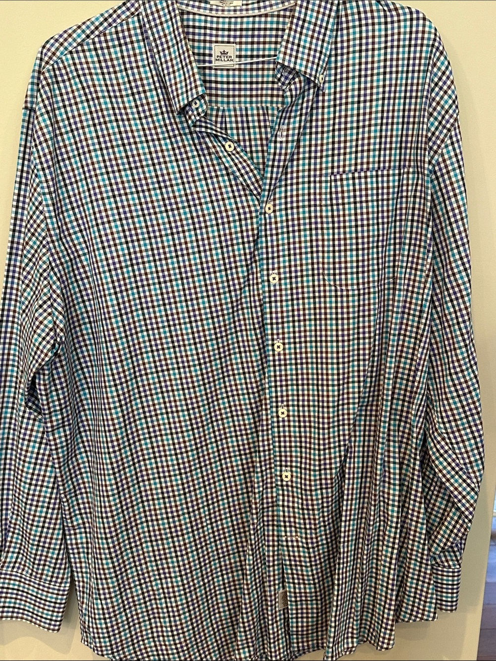 Peter Millar Blue, Green & White Checked Button-Down Shirt